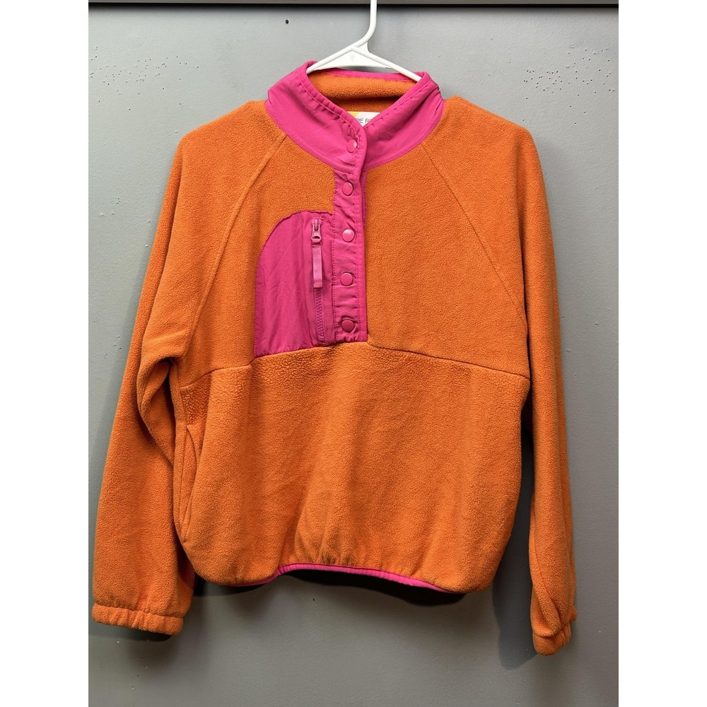 Hippie Rose Pullover Womens Medium Orange Pink Fleece Snap Mock Neck Pocket